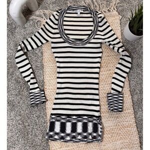 Cache Womens Small Black White Striped Ribbed Knit Scoop Neck Long Sleeve Top